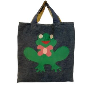 Vintage Handmade Arts And Crafts Toad Frog Print Denim Tote Bag